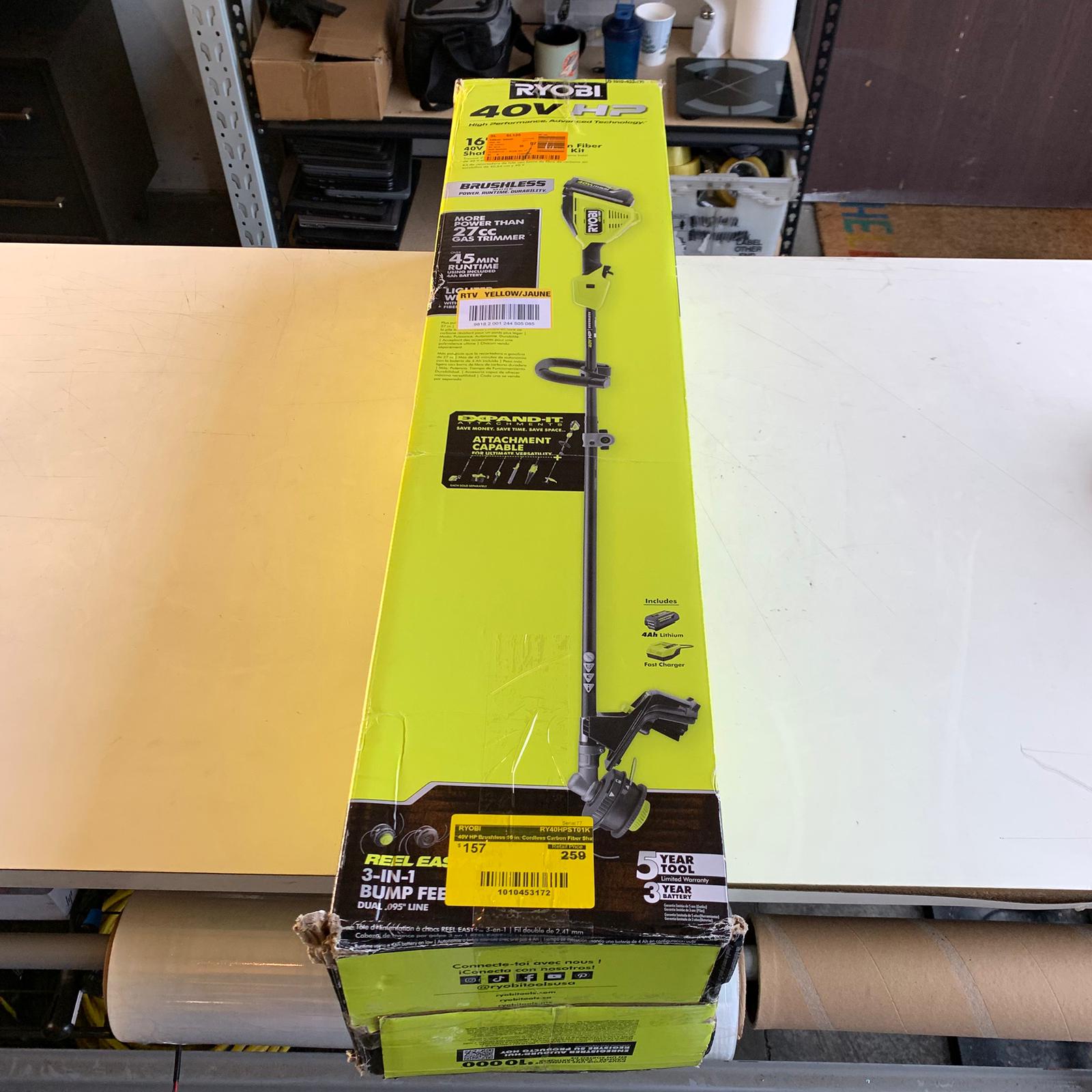 40V HP Brushless 16 in. Cordless Carbon Fiber Shaft Attachment Capable String Trimmer with 4.0 Ah Battery and Charger (RY40HPST01K) 40V HP Brushless 16 in. Cordless Carbon Fiber Shaft Attachment Capable String Trimmer with 4.0 Ah Battery and Charger (RY40HPST01K)